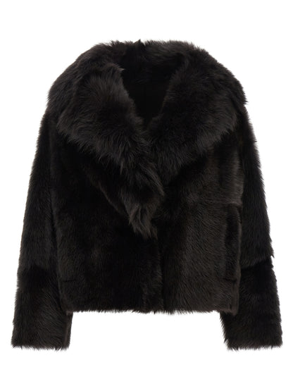 Overcoat by BLANCHA for women in lamb shearling brown features a cosy chic silhouette, artfully detailed with a sophisticated shawl-collar neckline and premium for a cosy chic finish.