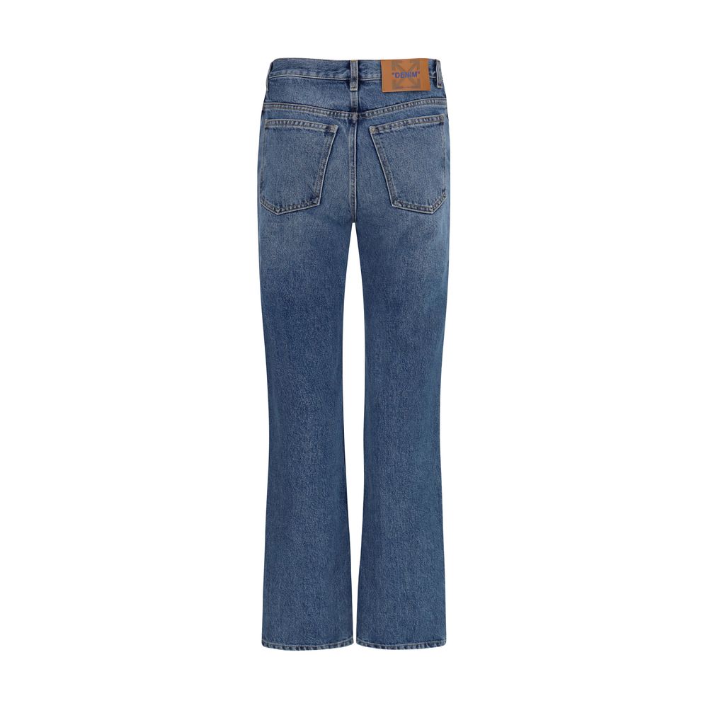 Jeans by Off-White for women in cotton denim blue & white presents a refined pantology silhouette, artfully defined by a refined pantology straight-leg & regular-fit, long, and a sophisticated .