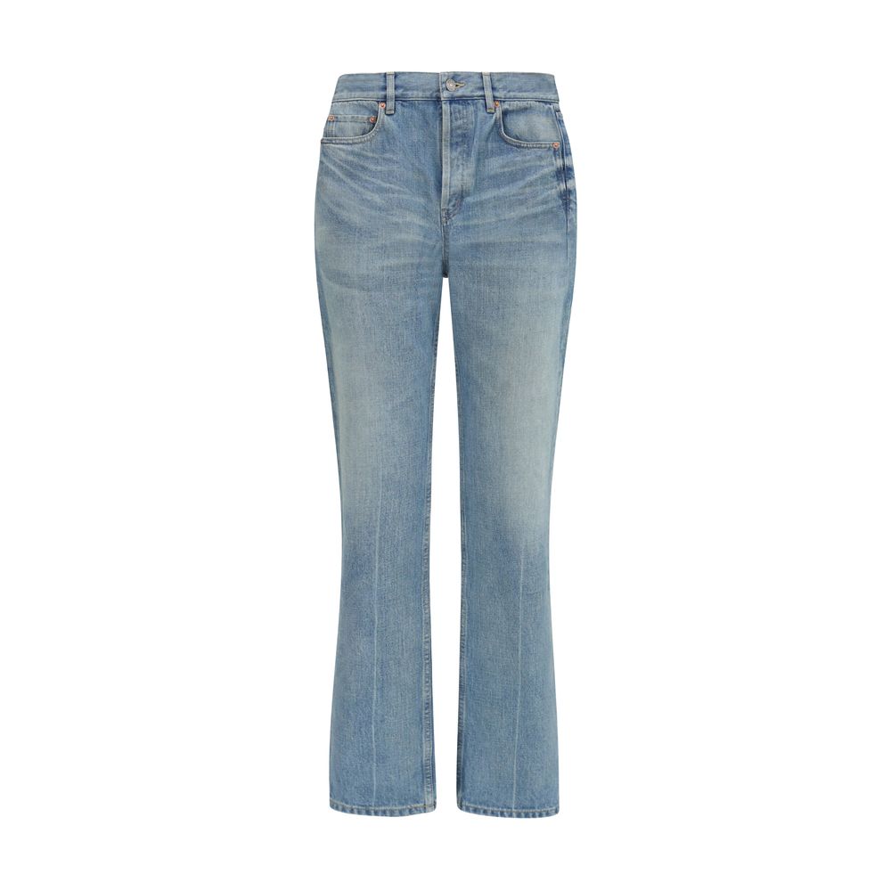 Jeans by Saint Laurent for women in denim cotton blue features a polished silhouette with a polished straight-leg, relaxed-fit & regular-fit, reaching a polished long and finished with a polished mid rise.