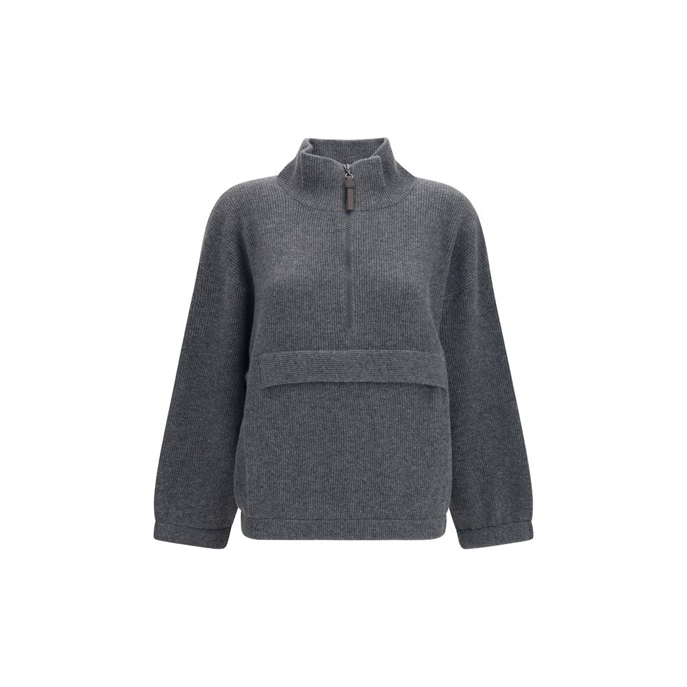 Sweatshirt by Brunello Cucinelli for women in polyester cashmere & capra leather gray features an magnificent silhouette, showcasing a sophisticated high-collar neckline and detail for a truly magnificent finish.