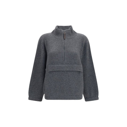 Sweatshirt by Brunello Cucinelli for women in polyester cashmere & capra leather gray features an magnificent silhouette, showcasing a sophisticated high-collar neckline and detail for a truly magnificent finish.