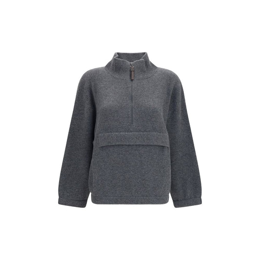 Sweatshirt by Brunello Cucinelli for women in polyester cashmere & capra leather gray features an magnificent silhouette, showcasing a sophisticated high-collar neckline and detail for a truly magnificent finish.