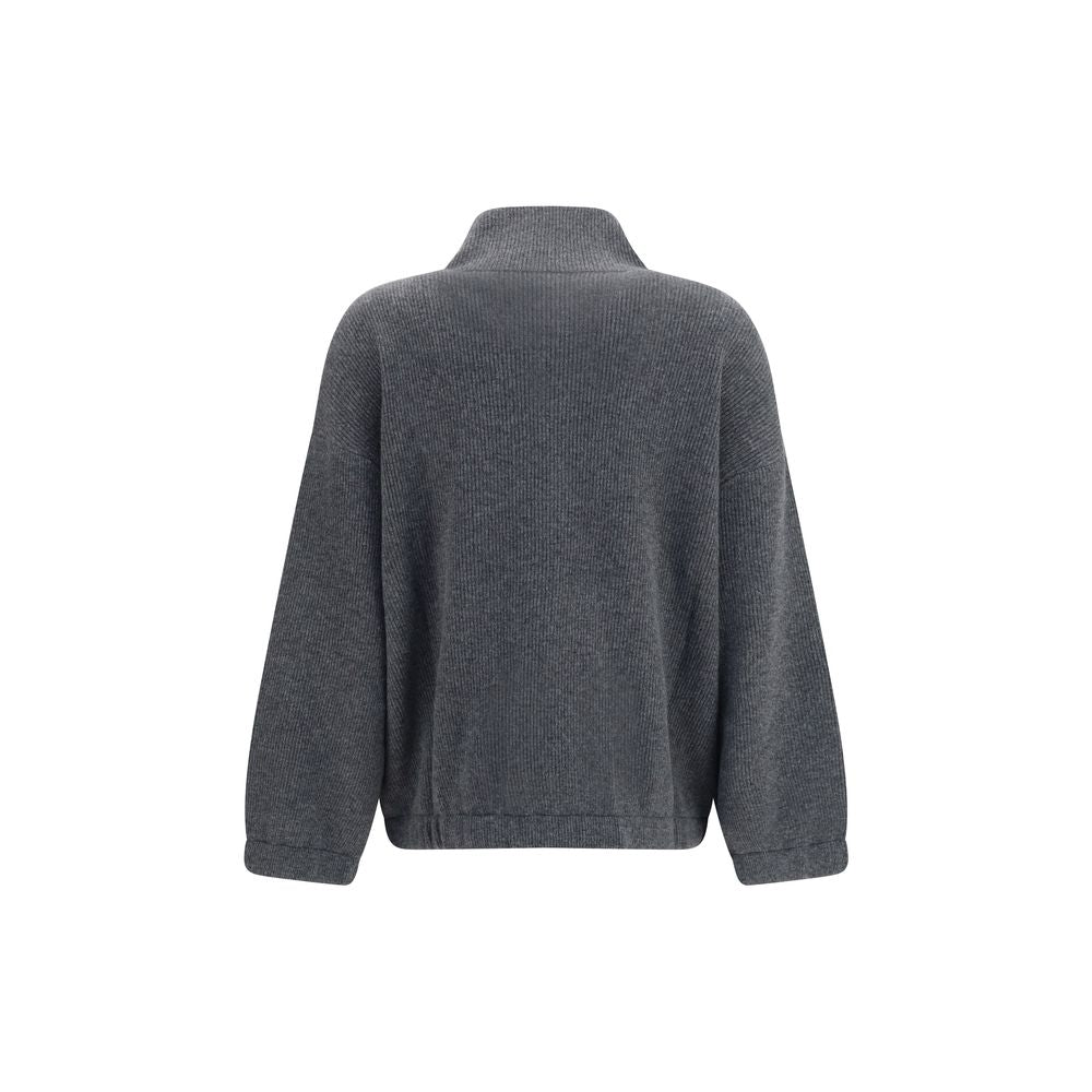 Sweatshirt by Brunello Cucinelli for women in polyester cashmere & capra leather gray features an provocated silhouette, detailed with a provocated and a refined high-collar neckline for a sophisticated aesthetic.