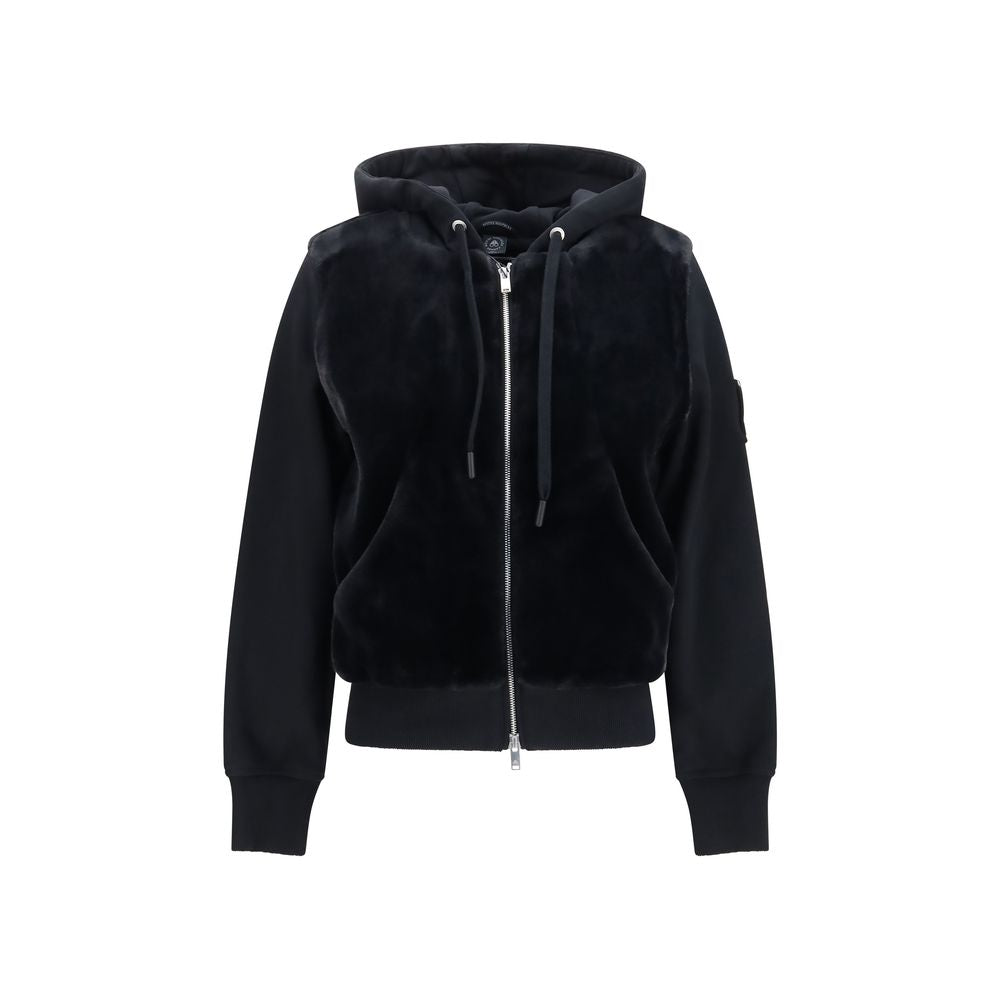 Sweatshirt Hoodie by Moose Knuckles for women in fur & cotton black, silver & signature features a slouchy chic silhouette, detailed with a slouchy chic and a signature hooded neckline for an elevated aesthetic.