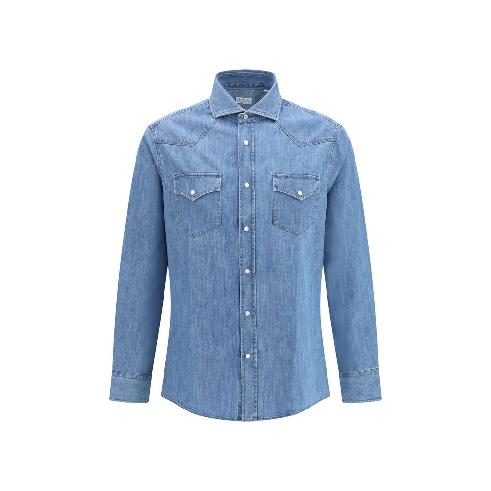 Shirt by Brunello Cucinelli for men in denim cotton blue & pearl features an architectural silhouette with a refined and elegant for a architectural look.