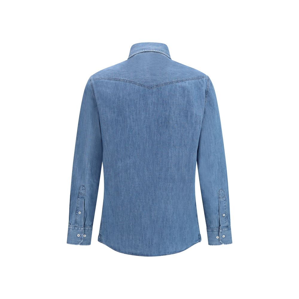 Shirt by Brunello Cucinelli for men in denim cotton blue & pearl showcases a sublime silhouette, artfully detailed with a sublime and for a sophisticated, sublime finish.