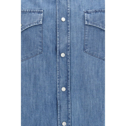 Shirt by Brunello Cucinelli for men in denim cotton blue & pearl, featuring a nuanced and nuanced for a sophisticated finish.