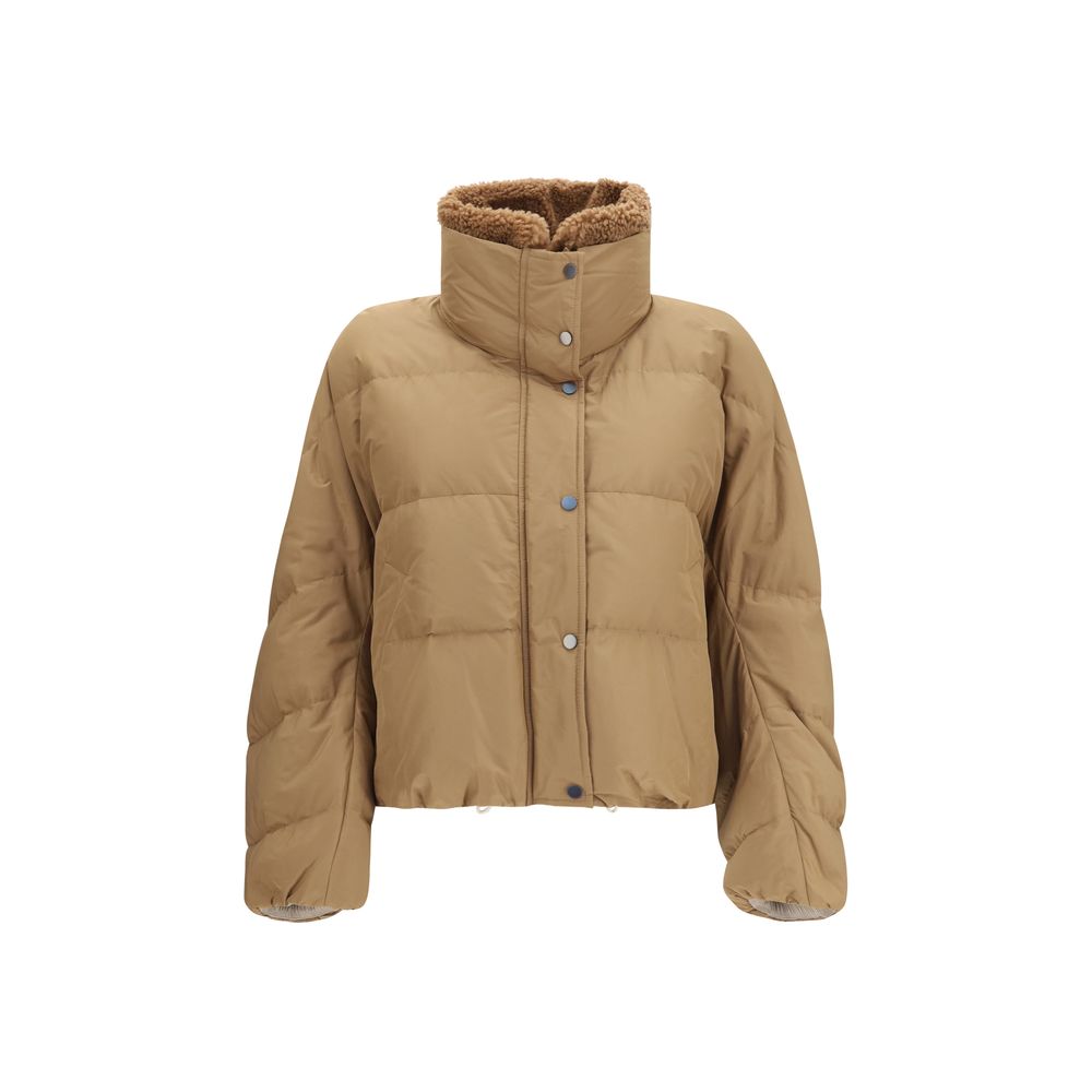 Overcoat by Brunello Cucinelli for women in polyester cotton goose-down & fur beige features an voluminous silhouette, showcasing distinct pockets & insulated and a voluminous for a truly voluminous aesthetic.
