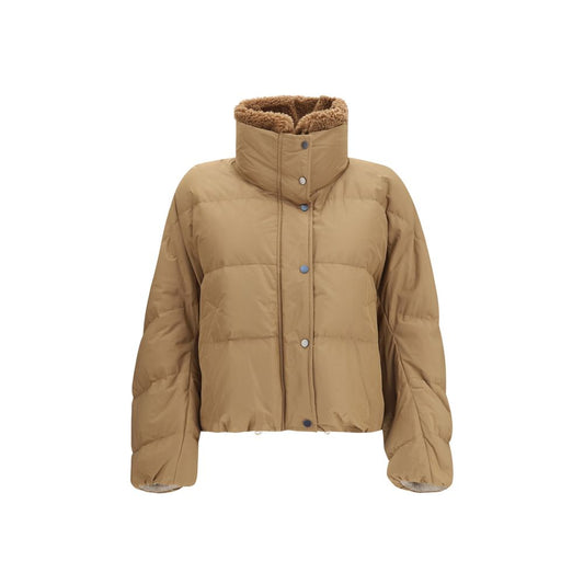 Overcoat by Brunello Cucinelli for women in polyester cotton goose-down & fur beige features an voluminous silhouette, showcasing distinct pockets & insulated and a voluminous for a truly voluminous aesthetic.