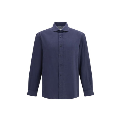 Dress Shirt by Brunello Cucinelli for men in lyocell & cotton blue & patterned showcases a sharp silhouette, elegantly detailed with a sharp and sharp .