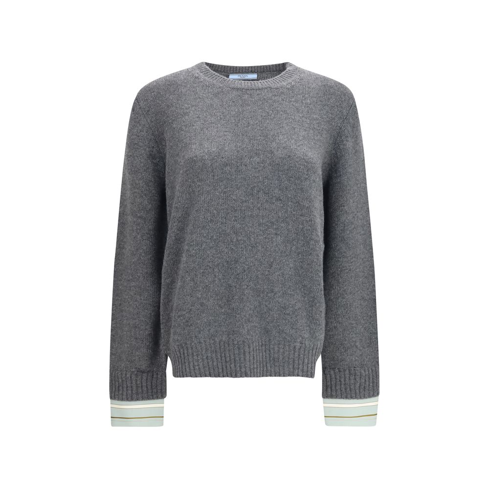 Sweatshirt by Prada for women in wool & capra leather gray & signature presents a smart casual silhouette, featuring a smart casual and for a sophisticated look.