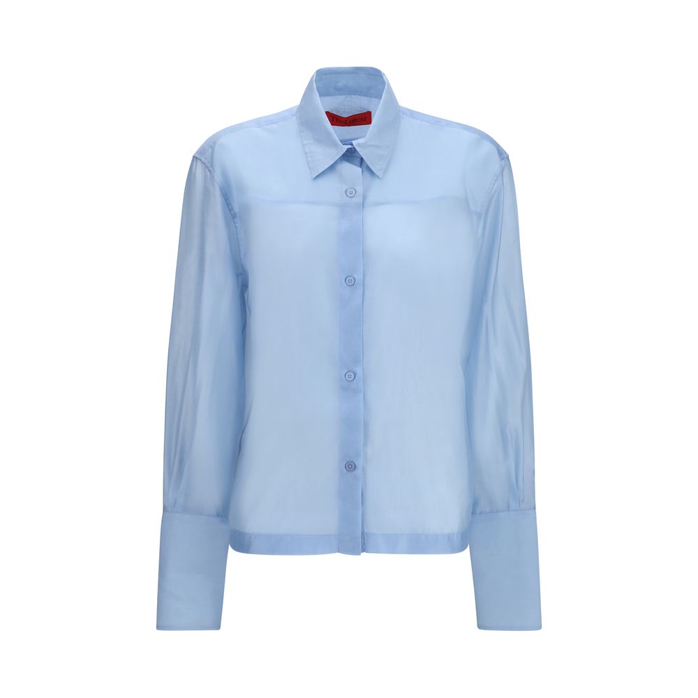 Dress Shirt by The Latest for women in merino wool & polyester blue showcases a sharp silhouette, elegantly detailed with a sharp and sharp long-sleeve.