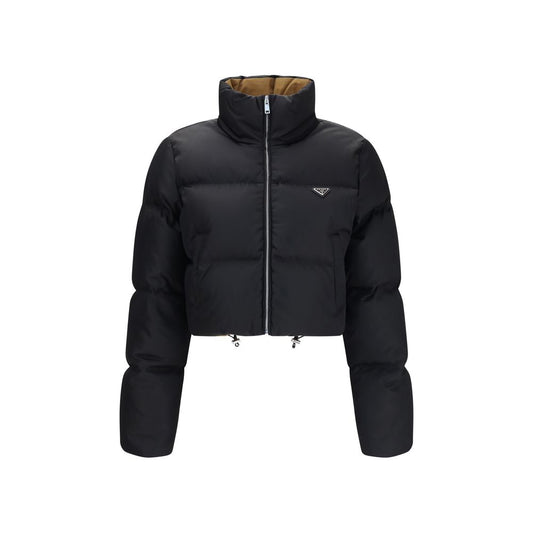 Puffer Jacket by Prada for women in nylon & goose-down black & signature features an on trend silhouette, showcasing refined pockets & insulated and a sophisticated for a truly on trend finish.