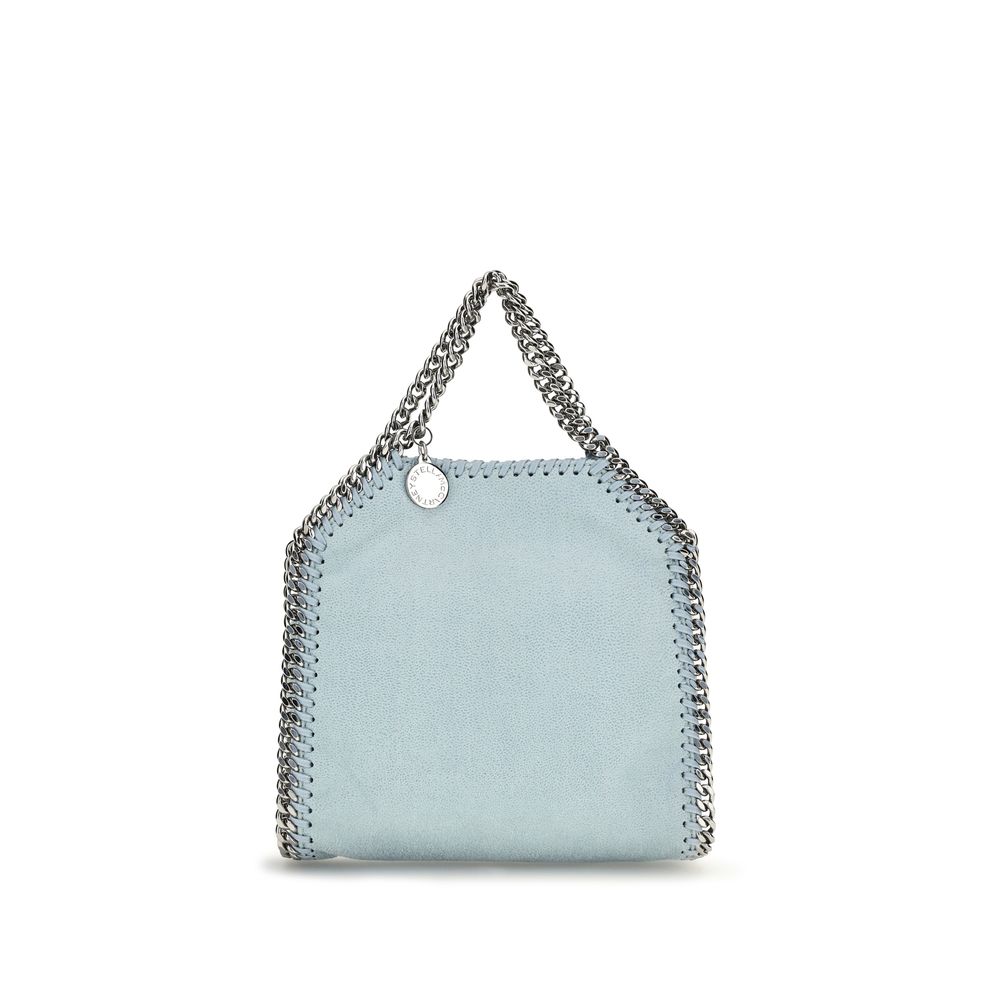 Mini Flap Handbag by Stella McCartney for women in polyester leather bicolour, blue & green features an refined silhouette, showcasing a secure snap, flap & button, ample single-compartment, and versatile shoulder-strap, handle & adjustable-strap for a sophisticated refined aesthetic.
