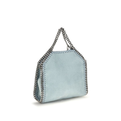 Mini Flap Handbag by Stella McCartney for women in polyester leather bicolour, blue & green features a signature silhouette, showcasing a secure snap, flap & button and signature single-compartment with versatile shoulder-strap, handle & adjustable-strap for a sophisticated look.