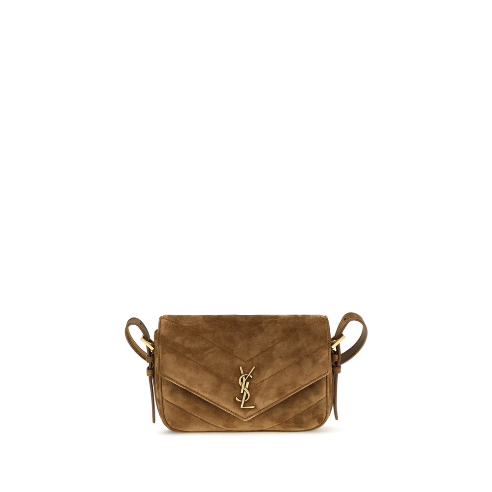 Mini Crossbody Flap Shoulder Bag by Saint Laurent for women in cotton & suede calf leather bicolour, brown, green, chevron & signature features an effortlessly chic silhouette with a secure snap, flap & magnetic, ample , and versatile crossbody-strap, shoulder-strap, handle & adjustable-strap for effortlessly chic everyday luxury.
