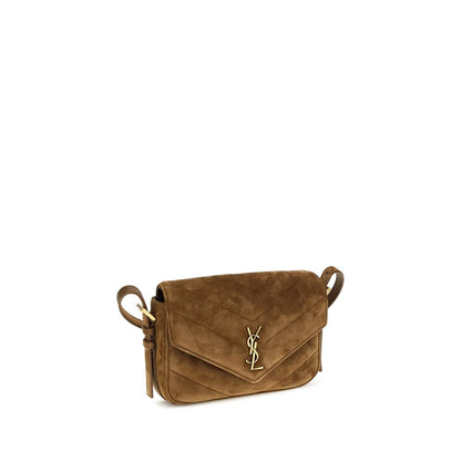 Mini Crossbody Flap Shoulder Bag by Saint Laurent for women in cotton & suede calf leather bicolour, brown, green, chevron & signature features a effortless sophistication silhouette, secured by a snap, flap & magnetic with ample and versatile crossbody-strap, shoulder-strap, handle & adjustable-strap for a effortless sophistication finish.