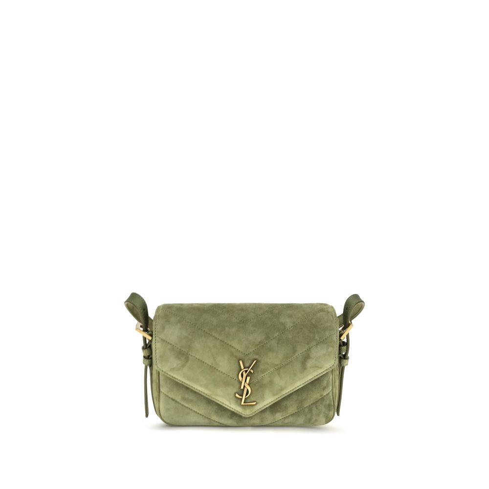 Mini Crossbody Flap Shoulder Bag by Saint Laurent for women in cotton & suede calf leather bicolour, green & chevron presents a versatile silhouette, showcasing a secure snap, flap & magnetic and versatile with versatile crossbody-strap, shoulder-strap, handle & adjustable-strap for a sophisticated look.