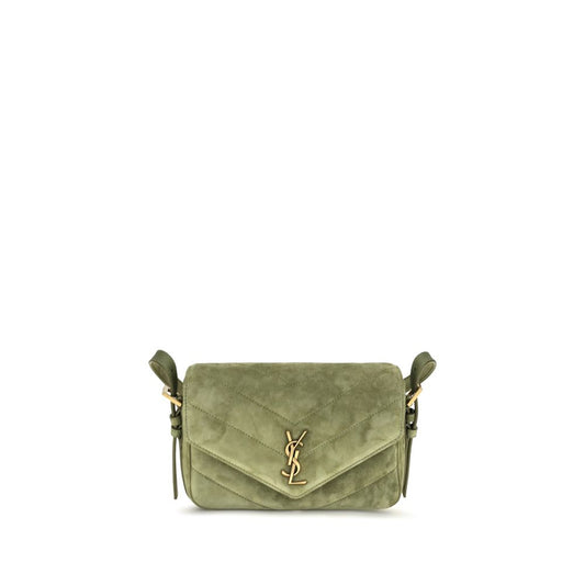 Mini Crossbody Flap Shoulder Bag by Saint Laurent for women in cotton & suede calf leather bicolour, green & chevron presents a versatile silhouette, showcasing a secure snap, flap & magnetic and versatile with versatile crossbody-strap, shoulder-strap, handle & adjustable-strap for a sophisticated look.