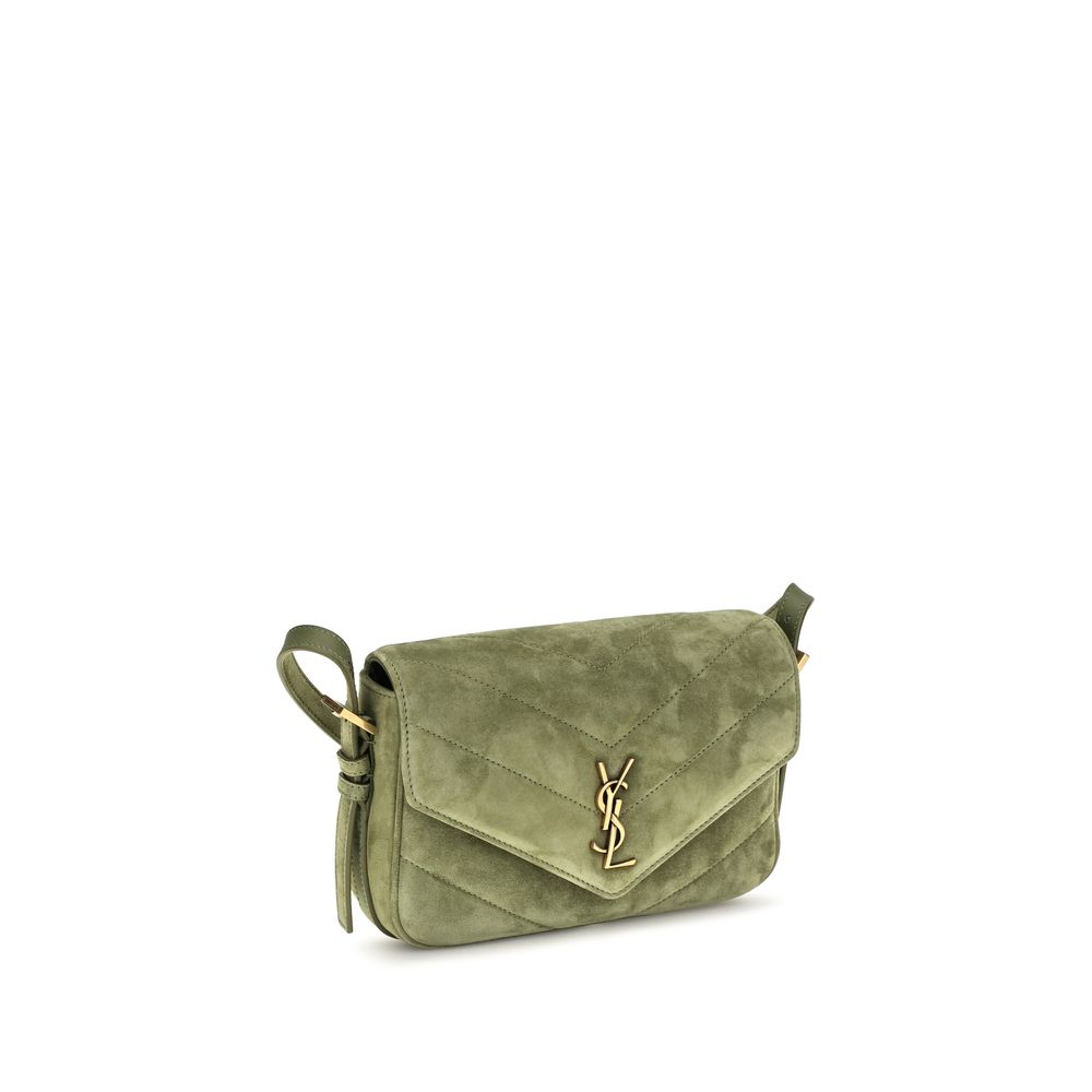 Mini Crossbody Flap Shoulder Bag by Saint Laurent for women in cotton & suede calf leather bicolour, green & chevron features a effortless chic silhouette with a secure snap, flap & magnetic, ample , and versatile crossbody-strap, shoulder-strap, handle & adjustable-strap for a effortless chic finish.