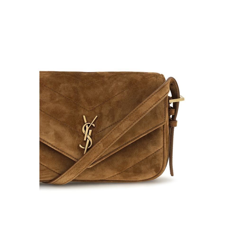 Mini Crossbody Flap Shoulder Bag by Saint Laurent for women in cotton & suede calf leather bicolour, brown, green, chevron & signature presents a versatile silhouette, showcasing a secure snap, flap & magnetic and versatile with versatile crossbody-strap, shoulder-strap, handle & adjustable-strap for a sophisticated look.