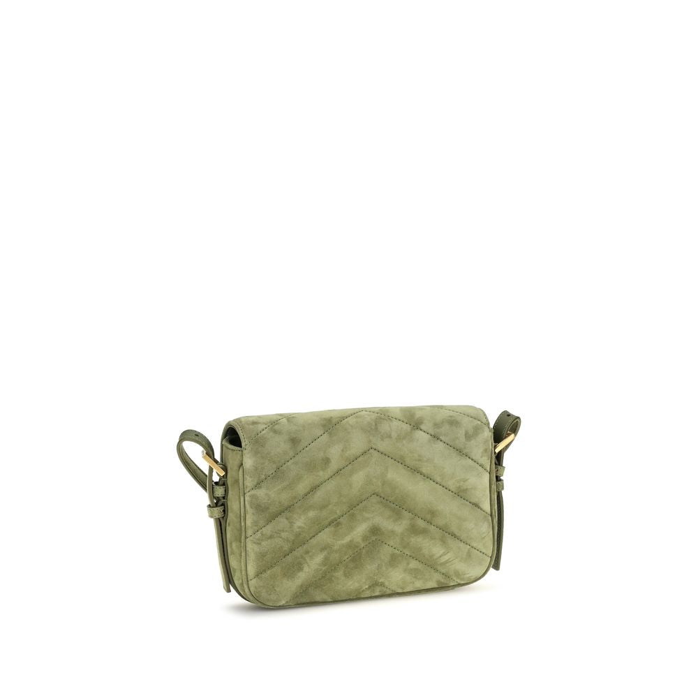 Mini Crossbody Flap Shoulder Bag by Saint Laurent for women in cotton & suede calf leather bicolour, green & chevron features a distinguished silhouette, showcasing a secure snap, flap & magnetic and distinguished with versatile crossbody-strap, shoulder-strap, handle & adjustable-strap for a distinguished finish.