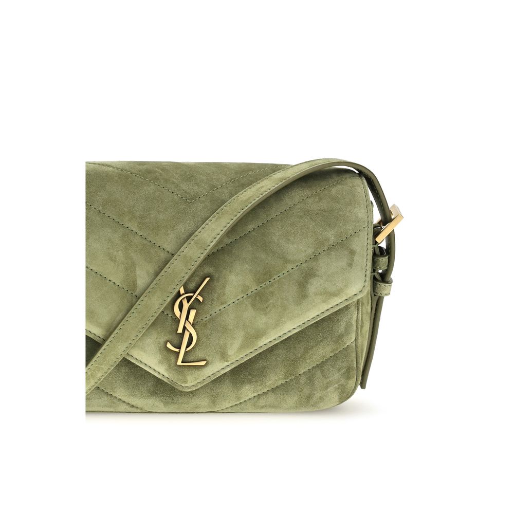 Mini Crossbody Flap Shoulder Bag by Saint Laurent for women in cotton & suede calf leather bicolour, green & chevron features a effortless sophistication silhouette, secured by a snap, flap & magnetic with ample and versatile crossbody-strap, shoulder-strap, handle & adjustable-strap for a effortless sophistication finish.