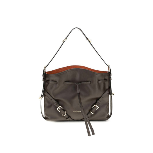 Medium Crossbody Bucket Handbag by Givenchy for women in bos taurus suede calfskin leather bicolour, brown, gold, green & signature features a effortlessly chic silhouette, showcasing a secure snap, flap, drawstring & buckle and ample with versatile crossbody-strap, shoulder-strap, handle, adjustable-strap & detachable-strap for a effortlessly chic finish.