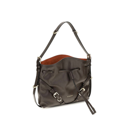 Medium Crossbody Bucket Handbag by Givenchy for women in bos taurus suede calfskin leather bicolour, brown, gold, green & signature features an sun-drenched silhouette, showcasing a secure snap, flap, drawstring & buckle, ample , and versatile crossbody-strap, shoulder-strap, handle, adjustable-strap & detachable-strap for a truly sun-drenched finish.