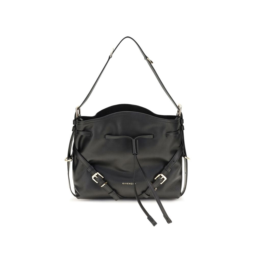 Medium Crossbody Bucket Handbag by Givenchy for women in bos taurus suede calfskin leather bicolour, black, gold, green & signature features a effortlessly chic silhouette, showcasing a secure snap, flap, drawstring & buckle, ample , and versatile crossbody-strap, shoulder-strap, handle, adjustable-strap & detachable-strap for a effortlessly chic look.