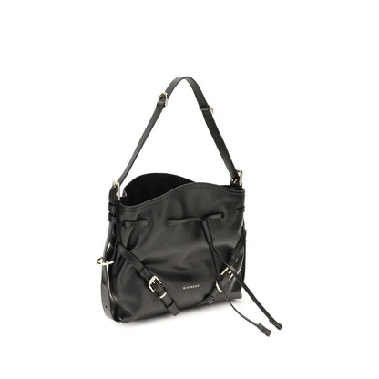 Medium Crossbody Bucket Handbag by Givenchy for women in bos taurus suede calfskin leather bicolour, black, gold, green & signature features a effortlessly chic silhouette, showcasing a secure snap, flap, drawstring & buckle, ample , and versatile crossbody-strap, shoulder-strap, handle, adjustable-strap & detachable-strap for a effortlessly chic look.