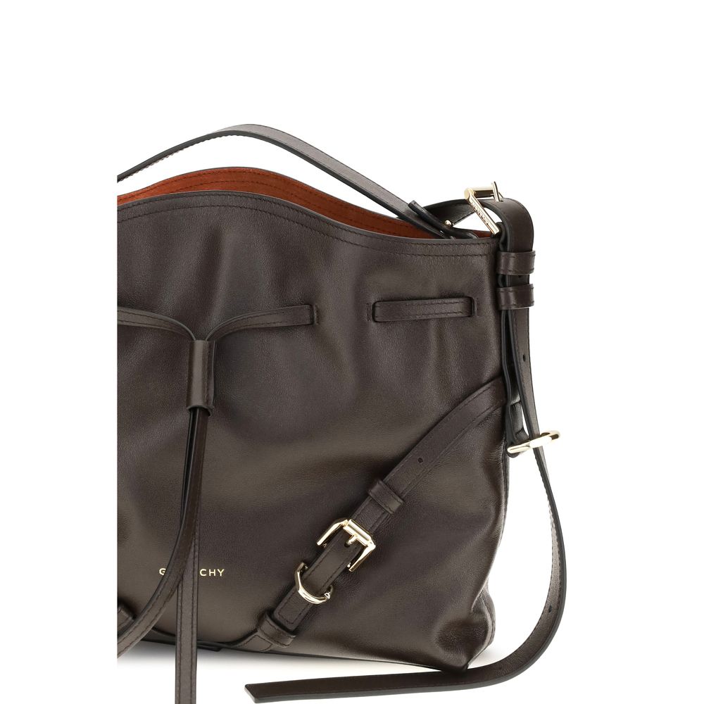 Medium Crossbody Bucket Handbag by Givenchy for women in bos taurus suede calfskin leather bicolour, brown, gold, green & signature features a resort-ready silhouette with a secure snap, flap, drawstring & buckle, ample , and versatile crossbody-strap, shoulder-strap, handle, adjustable-strap & detachable-strap for a resort-ready finish.
