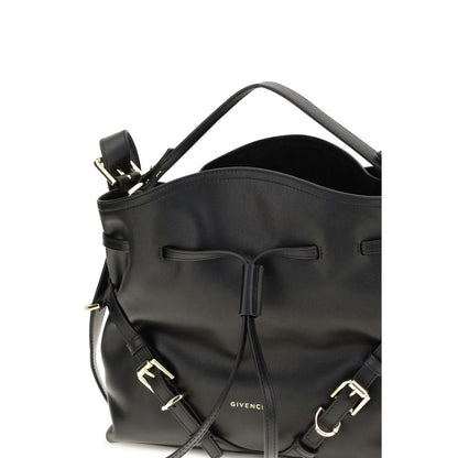 Medium Crossbody Bucket Handbag by Givenchy for women in bos taurus suede calfskin leather bicolour, black, gold, green & signature features a effortlessly chic silhouette, showcasing a secure snap, flap, drawstring & buckle with ample and versatile crossbody-strap, shoulder-strap, handle, adjustable-strap & detachable-strap for a effortlessly chic finish.