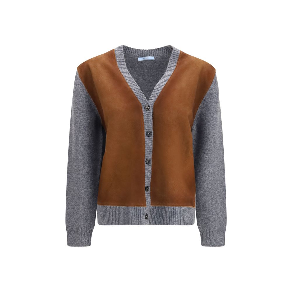 Cardigan by Prada for women in wool & suede leather multicolor & signature features a nuanced silhouette with a refined and nuanced detailing for a sophisticated look.