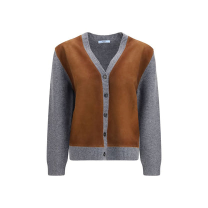 Cardigan by Prada for women in wool & suede leather multicolor & signature features a nuanced silhouette with a refined and nuanced detailing for a sophisticated look.