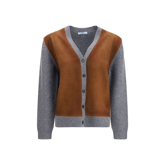 Cardigan by Prada for women in wool & suede leather multicolor & signature features a nuanced silhouette with a refined and nuanced detailing for a sophisticated look.