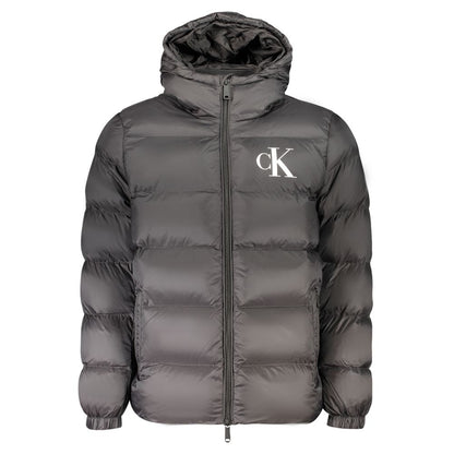 Hooded Windbreaker Jacket by Calvin Klein for men in nylon black & print features an stylish silhouette, showcasing a sophisticated hooded neckline and performance-driven pockets, hooded & windproof for a premium, stylish look.