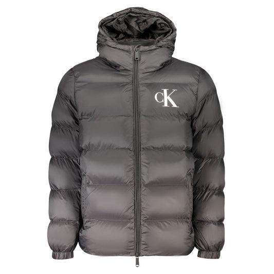 Hooded Windbreaker Jacket by Calvin Klein for men in nylon black & print features an stylish silhouette, showcasing a sophisticated hooded neckline and performance-driven pockets, hooded & windproof for a premium, stylish look.