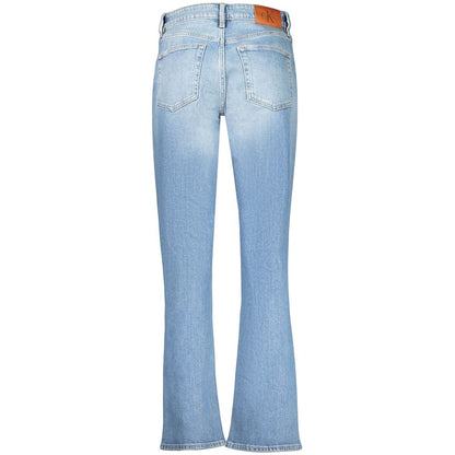 Jeans by Calvin Klein for women in stretch denim cotton blue & signature features a polished silhouette with a polished straight-leg, reaching a polished long and finished with a polished high rise.
