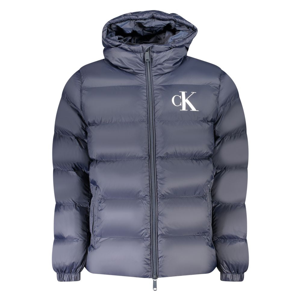 Hooded Windbreaker Jacket by Calvin Klein for men in nylon blue & print showcases a urban chic silhouette, detailed with a urban chic hooded neckline and functional pockets, hooded & windproof for a polished finish.