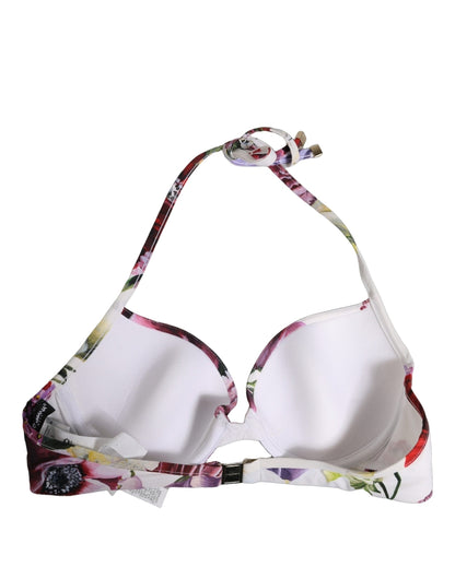 Dolce & Gabbana White Floral Print Nylon Beachwear Bikini Top
