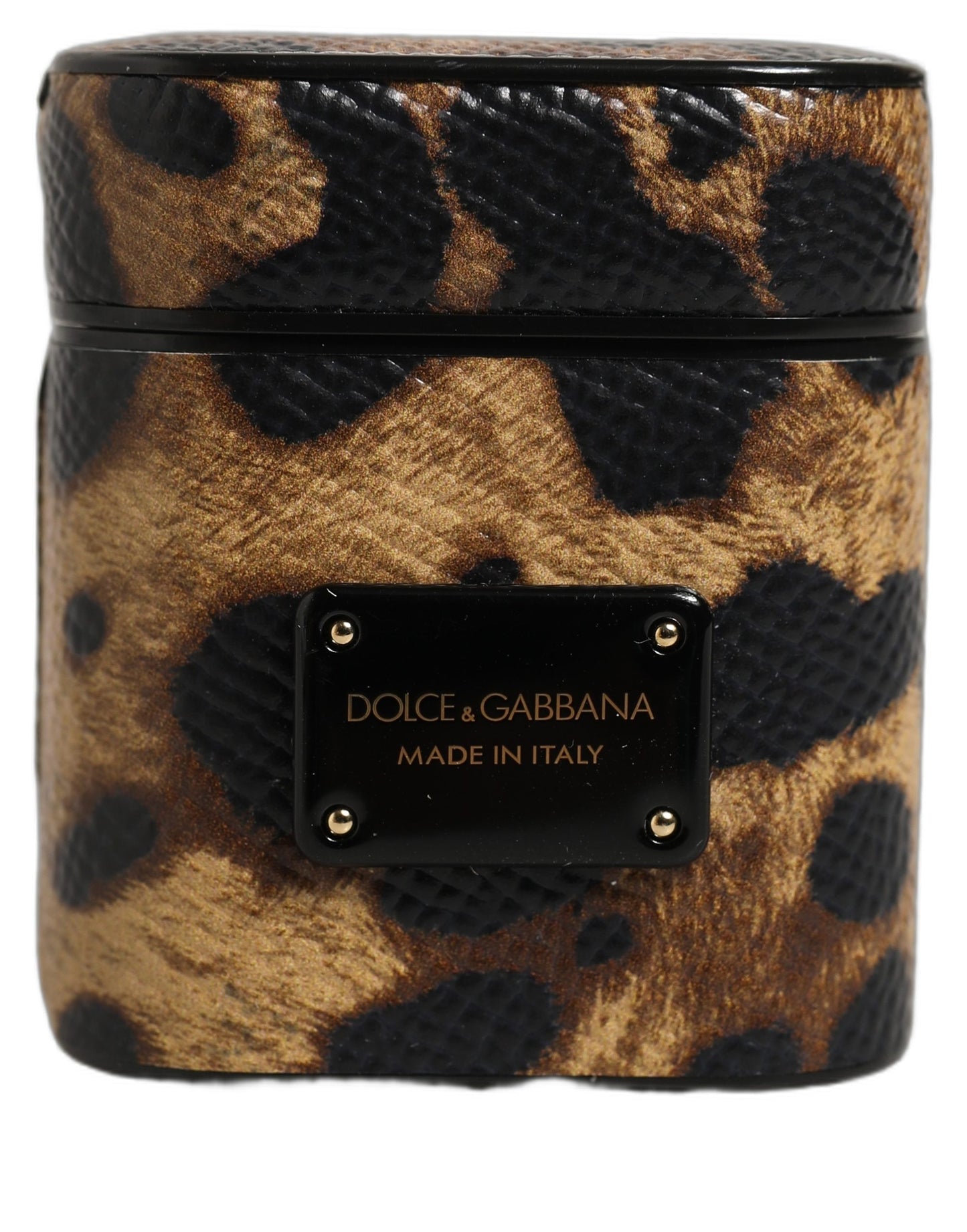 Dolce & Gabbana Brown Leopard Calf Leather Metal Logo Plaque Airpods Case
