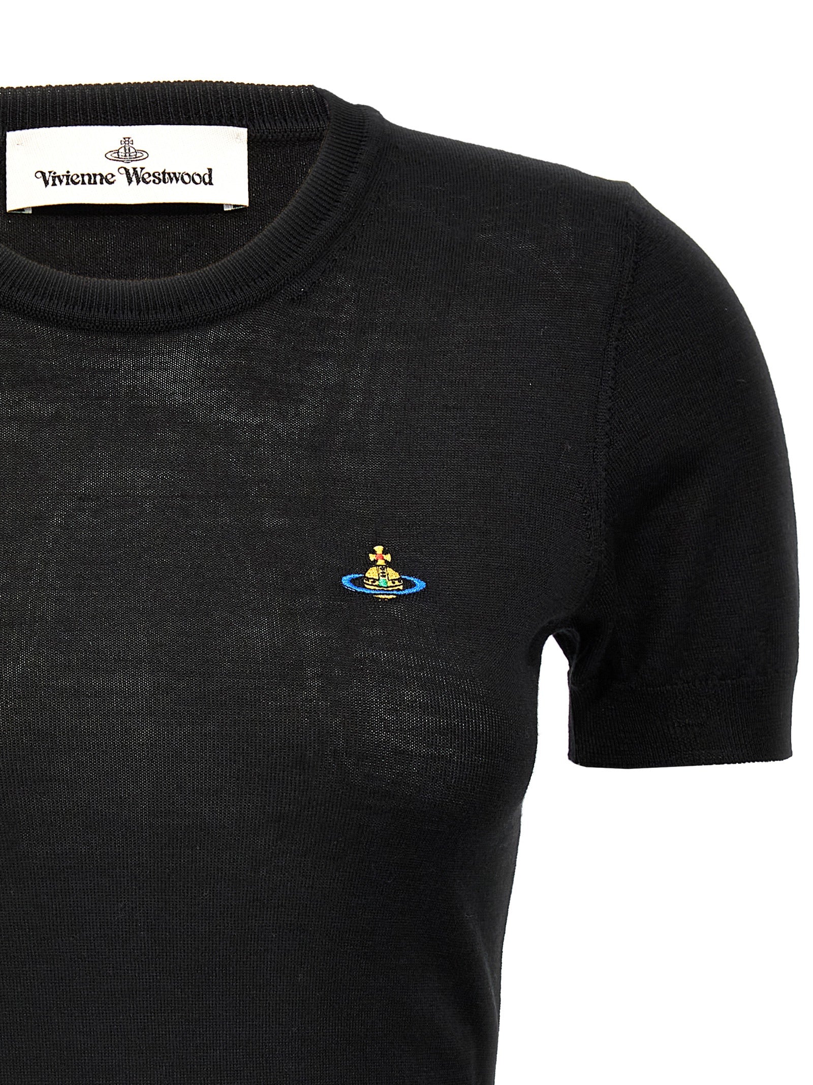 T-Shirt by Vivienne Westwood for women in organic cotton black showcases a dramatic silhouette, elegantly detailed with a dramatic crew neckline and for a truly dramatic finish.