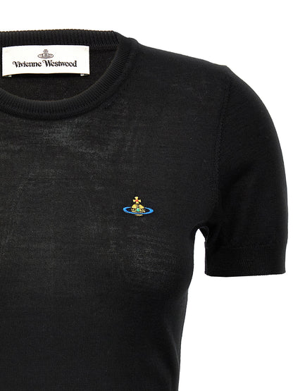 T-Shirt by Vivienne Westwood for women in organic cotton black showcases a dramatic silhouette, elegantly detailed with a dramatic crew neckline and for a truly dramatic finish.