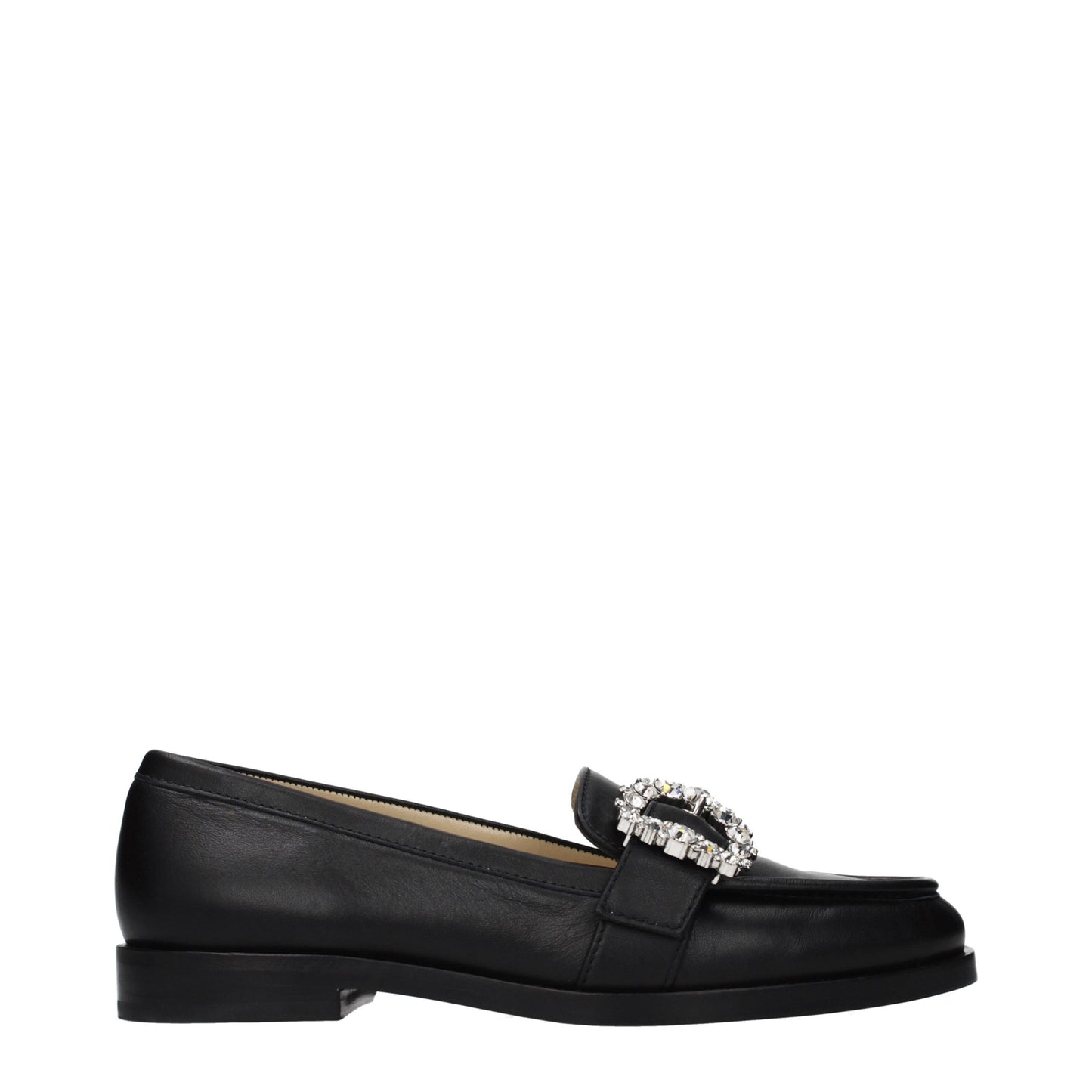 This Flat Loafer Slip-On Shoes by Jimmy Choo for women in leather black features an exquisite silhouette from the Women's Leather Flat Loafer Slip-On Shoes collection, defined by a sophisticated flat and elegant round toe style.