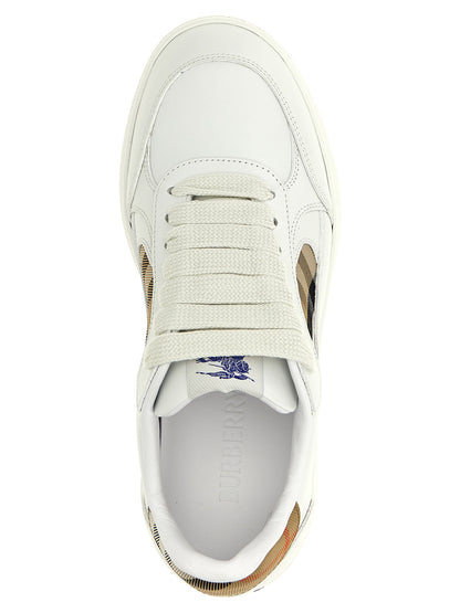 Sneakers by Burberry for women in polyamide polyurethane cotton twill beige & print presents a sumptuous silhouette, artfully capturing the essence of the Women's Low Top Polyamide Polyurethane Cotton Twill Sneakers with its sumptuous low-top style design.