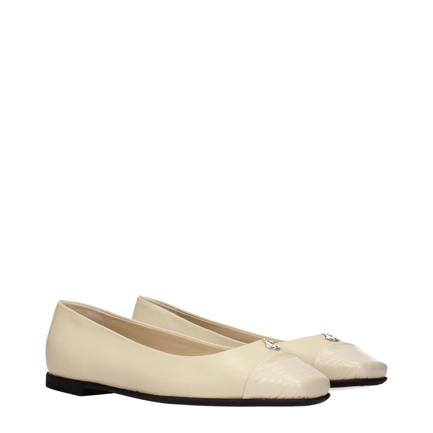 Ballet Flat Shoes by Jimmy Choo for women in leather beige showcases a dynamic silhouette, artfully capturing Women's Leather Ballet Flat Shoes through its distinctive and elegant .