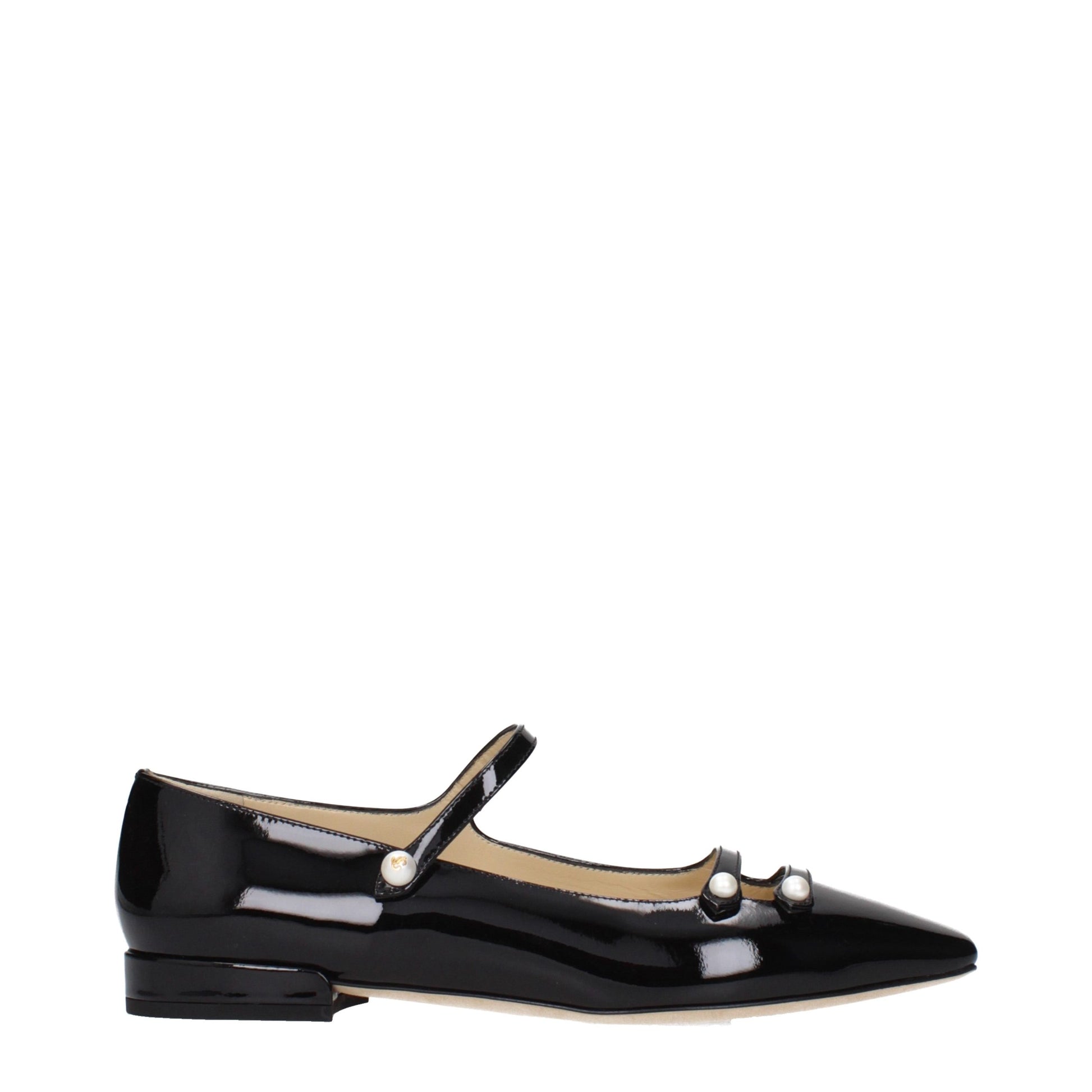 Ballet Flat Shoes by Jimmy Choo for women in patent leather black presents a impeccable silhouette as Women's Patent Leather Ballet Flat Shoes, artfully designed with a and a impeccable for a refined, upscale finish.