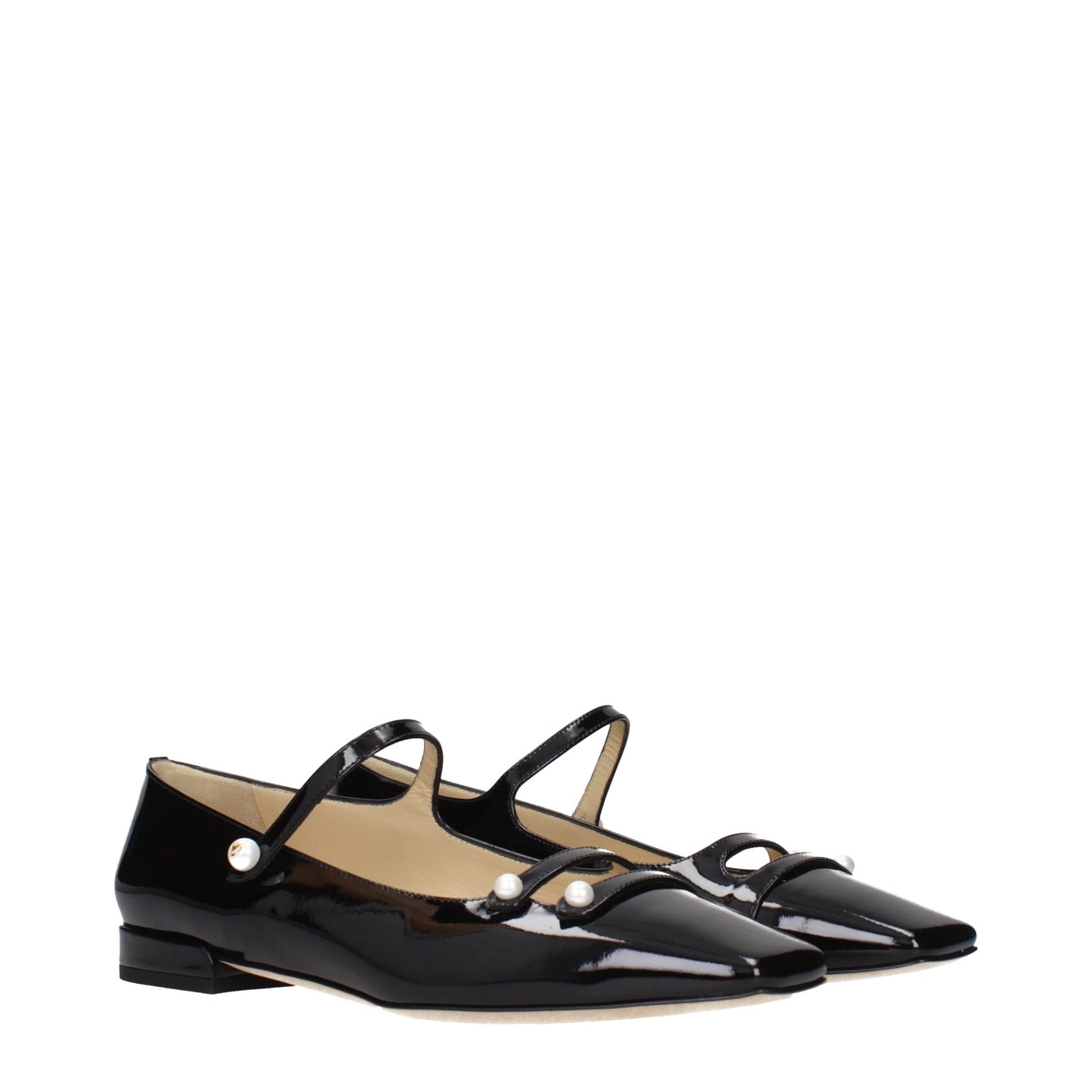 Ballet Flat Shoes by Jimmy Choo for women in patent leather black features an statuesque silhouette from the Women's Patent Leather Ballet Flat Shoes collection, showcasing a and a statuesque for a statuesque look.