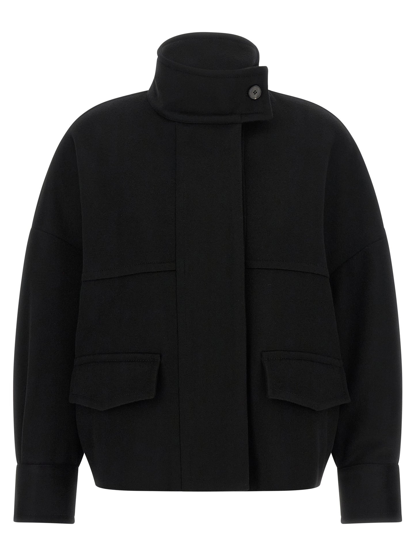 This Bomber Jacket by Alberto Biani for women in wool black exhibits a edgy silhouette, meticulously detailed with functional pockets and a edgy for a edgy finish.